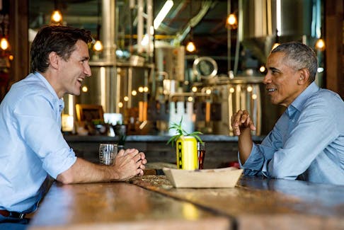 Liberal leader Justin Trudeau and former U.S. President Barack Obama meet at Big Rig brewery in Kanata, Ontario, Canada May 31, 2019. 