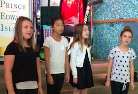 A quartet from Parkside Elementary School sings O Canada at an announcement in Summerside Thursday that P.E.I. will host the 2023 Canada Winter Games after switching hosting duties with the Northwest Territories.