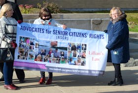 From left, Mary Burt, Sharon Goulding-Collins and Linda Banfield attend an Advocates for Senior Citizens’ Rights demonstration outside the Confederation Building in St. John's in this 2018 photo.