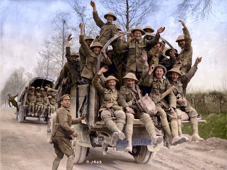  Canadian soldiers return from Vimy Ridge in a photo that has been colourized. Canada’s distinguished performance during World War One confirmed its status on the world stage, writes Conrad Black.