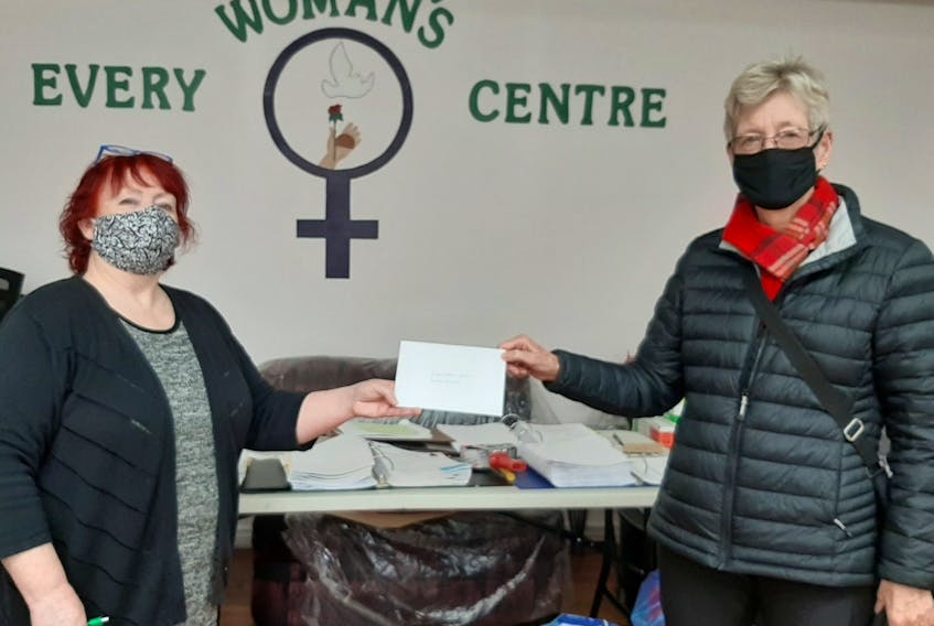 Wanda Earhart, Every Woman’s Centre, left, accepted a cheque for $610 from Jenny Addicott, chair of the Second Wind Community Concert Band, recently in Sydney. The band’s annual Christmas concert is usually held at the Cape Breton University Boardmore Theatre as a fundraiser for EWC but had to be cancelled this year because of the pandemic. CONTRIBUTED