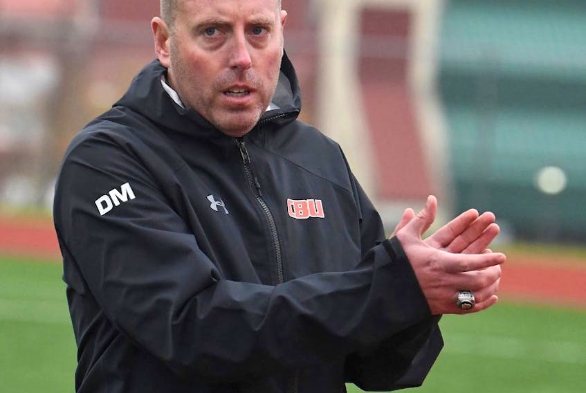 Cape Breton Capers men’s soccer head coach Deano Morley is shown during Atlantic University Sport action last season at the Cape Breton Health Recreation Complex in Sydney. Morley’s name has been mentioned as a possible candidate for Edmonton FC’s vacant head coaching position. PHOTO/VAUGHAN MERCHANT, CBU ATHLETICS