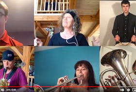 Members of the Second Wind Community Band have kept practising despite problems caused by the COVID-19 pandemic. They released a Zoom recording of the tune "Cape St. Mary’s" on YouTube and still rehearse when they can. Left to right, top row, Peter Buffett, clarinet, conductor Laura Mercer, and percussionist Zach Fraser, who put together the video; bottom, Gary Mercer, baritone sax, Danielle Mackley, trumpet, and Margaret Miles, euphonium. CONTRIBUTED
