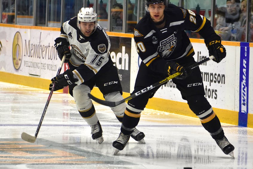 Defenceman Xavier Bouchard, right, was acquired by the Cape Breton Eagles in December to help solidify the club’s blue-line for what the team hopes to be a long playoff run, beginning next month. The Vegas Golden Knights prospect is currently paired with Adam McCormick on the team’s top pairing. JEREMY FRASER/CAPE BRETON POST