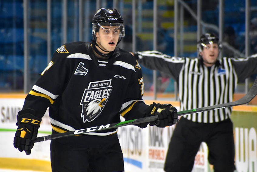 Adam McCormick, shown here during the 2019-2020 season, of the Cape Breton Eagles has won the Kevin Lowe Trophy as the QMJHL's best defensive defenceman. The 19-year-old has played four seasons with Cape Breton. He posted a franchise-best +45 rating this season to go along with 33 points in 50 games. JEREMY FRASER/CAPE BRETON POST