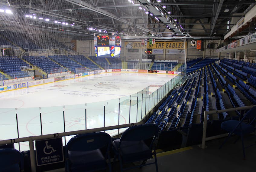 The Quebec Major Junior Hockey League suspended its season until further notice on Thursday because of COVID-19 concerns. The suspension affects the Cape Breton Eagles, who were scheduled to play two of their remaining three regular season games this weekend at the now empty Centre 200 in downtown Sydney. JEREMY FRASER/CAPE BRETON POST
