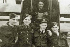 Shown here are some of the people who worked on the Lancaster bomber including from left to right, Surrender Berry, Ron Hayes, pilot Jimmy Watson and Roy Eames. Murdoch MacKinnon, tail gunner, is behind in the turret. CONTRIBUTED/VETERANS AFFAIRS