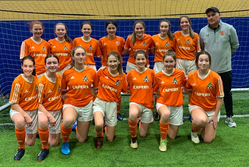 Cape Breton FC captured the Nova Scotia Under-15 ‘AA’ winter soccer league championship. The team posted an 11-1-0, placing them 11 points ahead of second place Valley. Despite playing two fewer games, midfielder Elle MacDougall netted 12 goals to pace the attack for Cape Breton. From left, front row, Maria Brann, Caitie Chiasson, Jana O’Quinn, Keira Fuller, Sadie Parnaby, Caelan Binder and Frankie Chislett; back row, Taylor Wilson, Isabella White, Ashlyn Tierney, Julia MacKinnon, Gracey Smith, Ayanna MacNeil, Elle MacDougall, and coach Vernon O’Quinn. Also part of the team are Lauren Hammond and coach Everett Fuller. CONTRIBUTED/VERNON O’QUINN