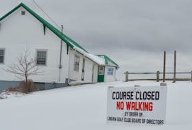 Recent snow storms may have given Lingan Golf Club’s pro shop a winter wonderland look, but the sign was erected due to the COVID-19-related public health restrictions that are keeping all Nova Scotia golf courses closed until further notice. DAVID JALA/CAPE BRETON POST