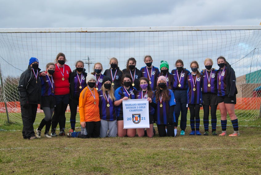 The Cape Breton Highlands Academy Huskies were crowned the Nova Scotia School Athletic Federation Division 3 girls Highland Region soccer champions last month. The Terre Noire school defeated Baddeck Academy 5-0 in the championship game. Front row, from left, Lynn MacKinnon, MacKenzie Roach, Kali Chiasson, Kalyn Ingraham-Phillips, Maria Marques. Back row, from left, Aurel LeLievre (coach), Rebecca Hunt, Laura Morrison, Summer Deveau, Makayla Jenkins, Courtney Aucoin, Kaycee Timmons, Catherine Chiasson, Ava Ross, Maddie Gale, Chantal Muise, Emily Ross and Abby Morrison. Contributed/AUREL LELIEVRE