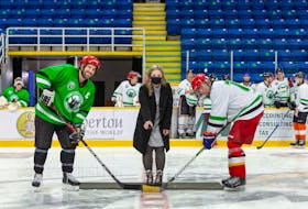 The inaugural Three Brothers Project hockey game was held on Dec. 20 at Centre 200 in Sydney. The game was in honour of the late Matthew Keating with the goal of bringing awareness to men’s mental health in Cape Breton. From left, Michael Keating, Nadine Wadden (director of mental health and addictions for Nova Scotia’s eastern zone) and Jim MacDonald. PHOTO SUBMITTED/MICHAEL KEATING