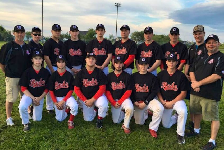 Members of the Cape Breton Big Daddy's Reds pose for a team photo. In back, from left, are Frank Conrad (coach), Jeremy Fraser (coach), Parker Spencer, Brandon MacLean, Logan MacNeil, Kaine Drake, Nick Bigley, Tyler O'Leary and Tyler Lund (coach). In front, from left, are Josh Conrad, Cole MacPhee, Justin McDougall, Logan Bresowar, Logan Burke, Andrew Brewer and Barry Long (coach). Missing from the photo was Dylan McDonald. The team is playing in the national elimination qualifiers in Dartmouth this weekend.