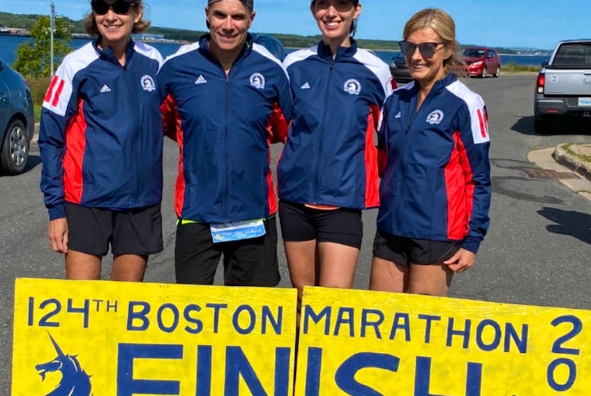 Although the 124th Boston Marathon was cancelled due to the COVID-19 pandemic, that didn’t stop four Cape Breton runners hitting the road running. Steve Grace, Linda Miles, Laura Miles-Doucette and Donna Burns ran the Boston Marathon virtually, completing the 42.2-kilometre run in Cape Breton. The finish times were not available. From left, Miles, Grace, Miles-Doucette and Burns. CONTRIBUTED • STEVE GRACE