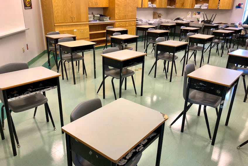 Desks in this classroom at Sherwood Park Education Centre are spaced one metre apart and the storage space is turned away from students' chairs as they can't be used during the pandemic. Most schools in the Cape Breton Regional-Victoria Centre for Education are only able to space desks one metre or less apart, thus students will be required to wear face masks while in class. NICOLE SULLIVAN/CAPE BRETON POST 