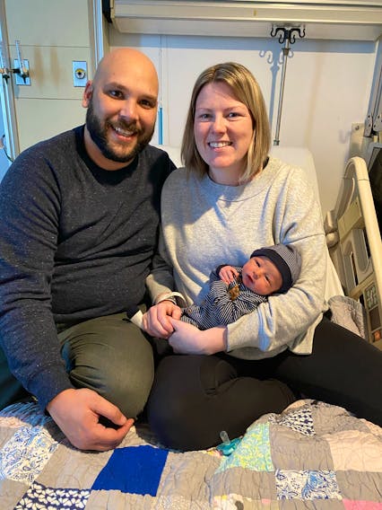 Michael and Katie Seesahai of Victoria Mines proudly show off newborn son Theodore (Teddy) John. The baby, who was delivered just after midnight on Jan. 2, is believed to be Cape Breton's first born child of 2021. Theodore weighed in at just over seven pounds. CONTRIBUTED 