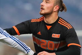 Peter Schaale is shown in action with the Cape Breton University Capers soccer team in this file photo. Schaale is one of three nominees for the AUS male athlete of the year. The German defender is the two-time defending AUS men's soccer most valuable player. U SPORTS PHOTO