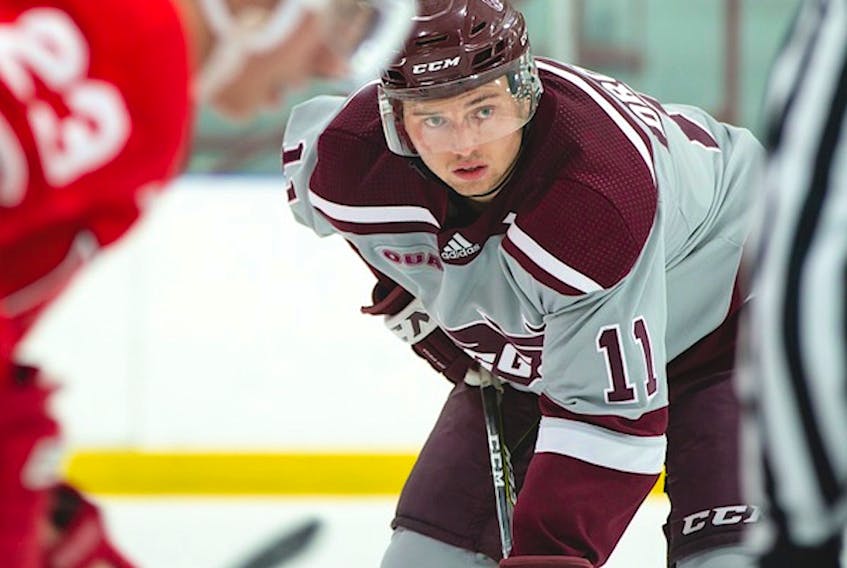 Cody Drover has 91 assists in 110 OUA conference games with the University of Ottawa Gee-Gees. That’s more than anyone else in the 131 years the school’s men’s hockey team has existed. — University of Ottawa photo/Greg Mason