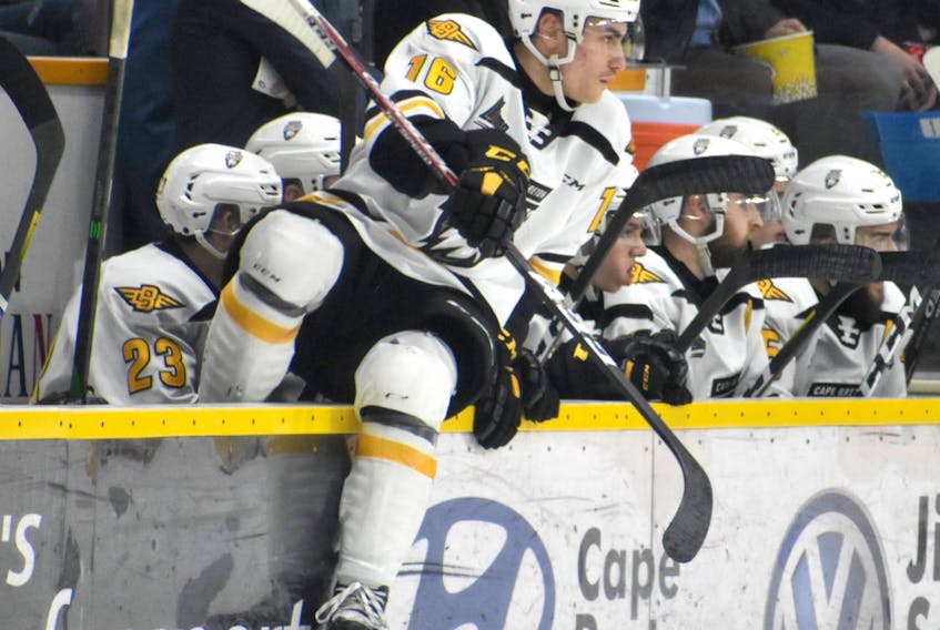 Cape Breton Eagles captain Shawn Element is shown jumping over the boards in this file photo from the 2019-2020 season. Element is off to a torrid start this season and leads the QMJHL in scoring with five goals and 13 assists for 18 points in just 10 games. JEREMY FRASER/CAPE BRETON POST