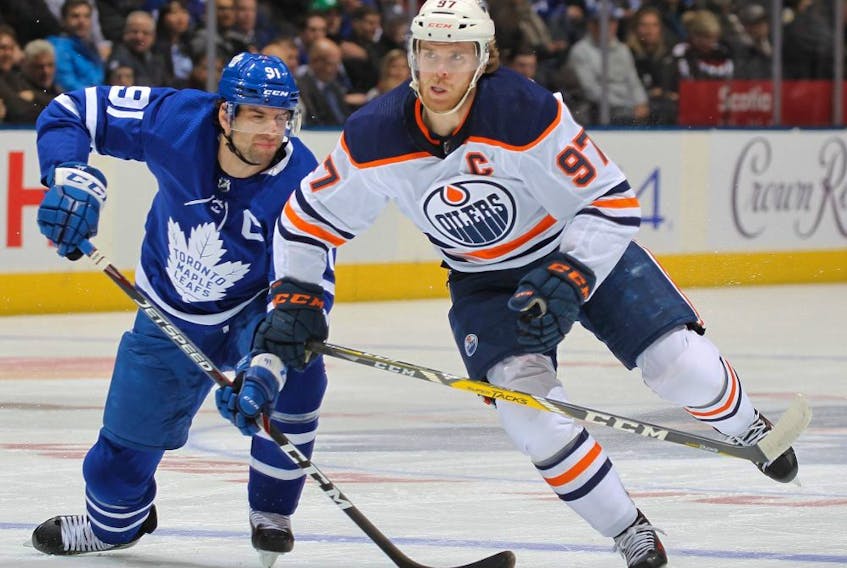 Team captains Connor McDavid of the Edmonton Oilers andt John Tavares of the Toronto Maple Leafs. 
