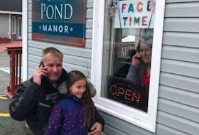 Six-year-old Kenzie Rae and her Uncle Deano visited her nanny, Dora Poole, a resident of North Pond Manor in Torbay, last Friday through the home’s “FaceTime” window. Visitors are banned from entering long-term care residences during the COVID-19 pandemic. CONTRIBUTED PHOTO