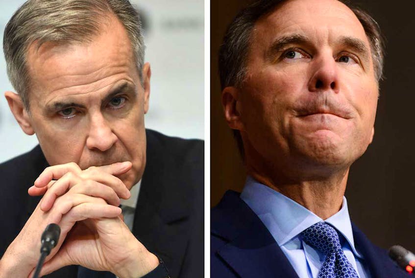 Former Bank of Canada Governor Mark Carney, left, is advising the Trudeau government in which Bill Morneau, right, serves as finance minister, on the economic recovery plan. 


