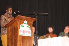 Jumi Odumosu, whose husband is an internist at the hospital in Burin, spoke at the parent action committee’s public meeting on the proposed restructuring of the Marystown-Burin area school system. The meeting was held at St. Gabriel’s Hall on Thursday, Jan. 30. PAUL HERRIDGE/THE SOUTHERN GAZETTE