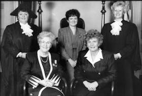 ['This photo, shot in 1993, captured a unique moment in Prince Edward Island’s political history. At the time, and for the first and last time in the province’s history, the top five jobs in provincial politics were held by women. In the photo are Nancy Guptill (left), who was Speaker of the House at the time, Marion Reid, who was lieutenant governor, Pat Mella, who was leader of the Opposition, premier of the day Catherine Callbeck and Elizabeth Hubley, who was deputy Speaker.']