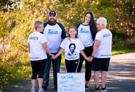 Members of the walk team — Evelyn's Echo's — who walk in memory of Evelyn Kelly gathered before social distancing measures were put in place. Members of Kelly’s family including daughter-in-law, Deb Murray, grandson, Chad Green, great-granddaughter, Sophie Green, granddaughter-in-law, Chelsea Green and daughter, Sandra Kelly. Contributed/White Photography