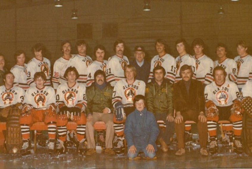 The Sydney Mines Colts, the 1979 Maritime intermediate ‘D’ hockey champions. Kneeling is stick boy Bobby MacKenzie. Front row, from left, are Gord Taylor, Kevin Andrea, Terry Jessome, manager Ken MacLeod, Jude MacDonald, B.J. Gillis, coach Grant King, Brian P. McKeough and Bob Ferguson. Back row, from left, are Jim Pero, Jack MacNeil, trainer George Laidlaw, Dan Baldwin, Bill Monaghan, Paul Mullins, Darryl Rendell, Greg Cordy, Ray Holec, Bill Merritt, Bill Unsworth, Jon Unsworth, Dan MacDonald, Dennis Finney, Ken Pellitier, Paul Crane and Ken Caldwell. Missing are Fred Crane and Bill Kenzie.