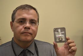 Staff Sgt. Paul Muise holds one of the Naloxone nasal spray kits that have been distributed to members of the Cape Breton Regional Police service. To date, about 185 of the service’s 202 officers have been trained to use the kits, both for their own protection in responding to crime scenes and in dealing with suspected opioid overdoses, with the arrival of fentanyl in the region.