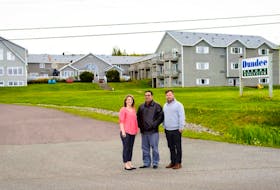 Judy McNamara, Dundee resort’s operations manager, from left, new resort owner Sunny Grewal and Ryan Higgins, golf pro and director of golf at the Dundee Golf Club, are pictured in front of the resort. It was announced Monday that longtime owner Scott MacAulay of Cape Breton Resorts had sold the Dundee property to Grewal.