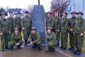 From left, front, cadets Melody LeBlanc, Trent Olsen, Leah Boudreau; back, Ethan Jobes, Damien White, Cordel Olsen, Marshall Rasmussen, Sam Jobes, Colin MacNeil, MaKayla Williams, Logan Campbell and Victoria Garnier, gathered at the war memorial next to Royal Canadian Legion branch 83 in Florence earlier this year to commemorate the First World War battle at Vimy Ridge.