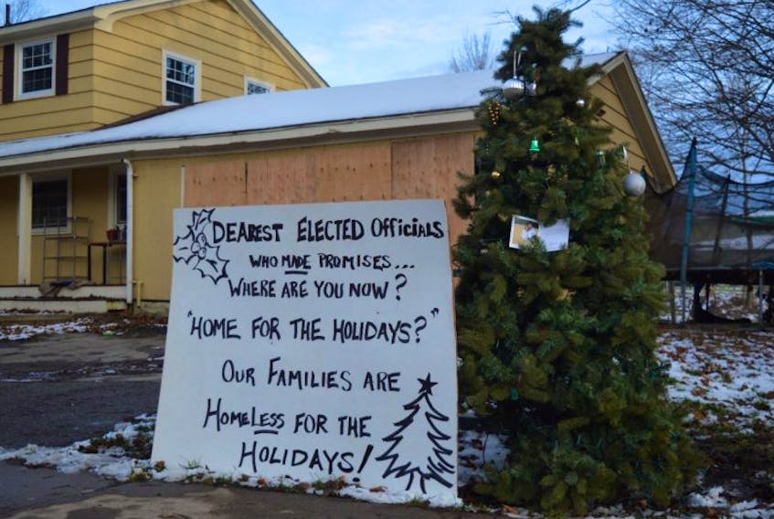 This message to elected officials was erected on the property of Terry Drohan, whose St. Peter’s Road home in Sydney was left uninhabitable after the Thanksgiving Day floods. Homeowners affected by the disaster are in the process of a series of individual meetings with officials from Nova Scotia’s Emergency Management Office. The residents are being informed as to how much they can expect should they either repair their homes or sell them to the province.