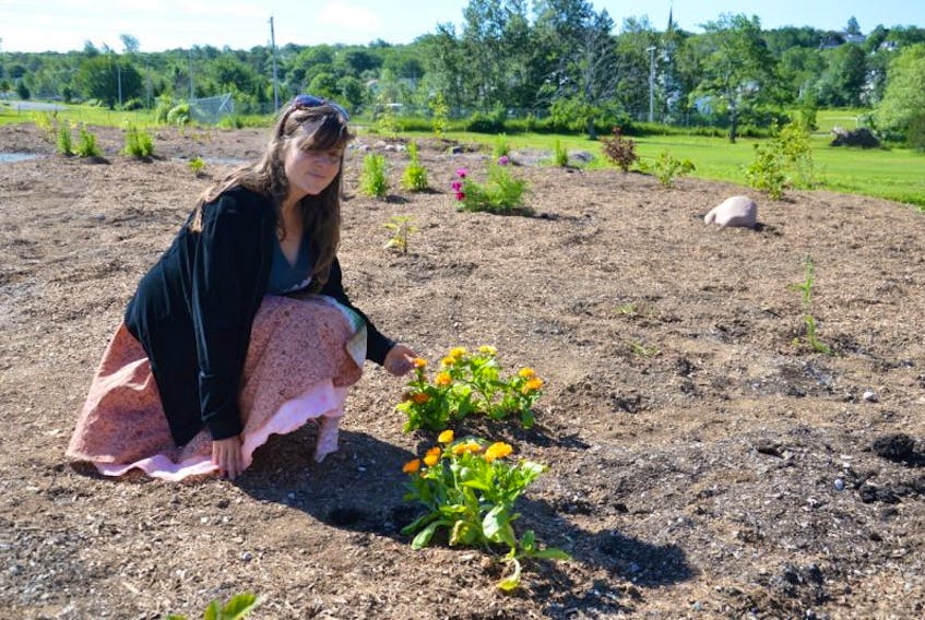 Jen Cooper, program co-ordinator with ACAP Cape Breton, is shown in the newly developed community garden in Sydney’s south end on Friday morning. The land was made uninhabitable in October’s floods but residents and ACAP Cape Breton have transformed the lot into a public garden.