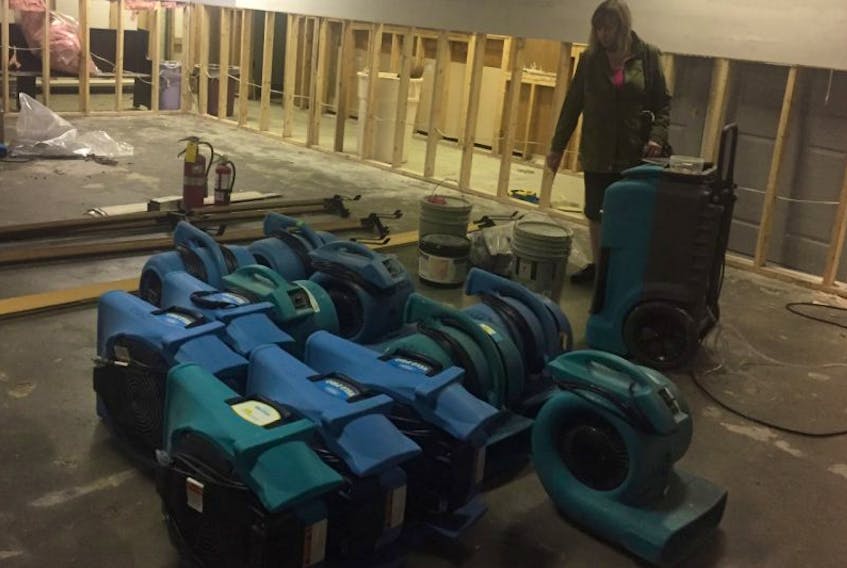 Susan Gallop, co-owner of the Cape Breton School of the Arts in Westmount, stands among the equipment being used by Service Master to clean the mess of oil and water left by vandals who broke in and destroyed the place. All walls downstairs have to be partially replaced as well as all floors.