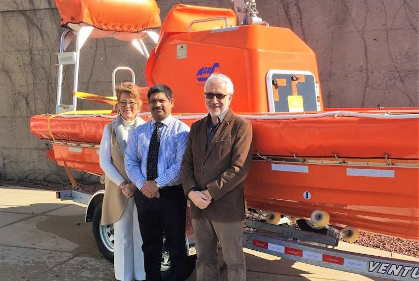 From left, Cathy MacLean, vice-president for Campuses and Communities at NSCC Strait area campus, Capt. Vivek Saxena, Nautical Institute academic chair at NSCC Strait area campus, and Tom Gunn, NSCC Strait area campus principal stand in front of new marine equipment recently purchased by the NSCC Strait area campus.