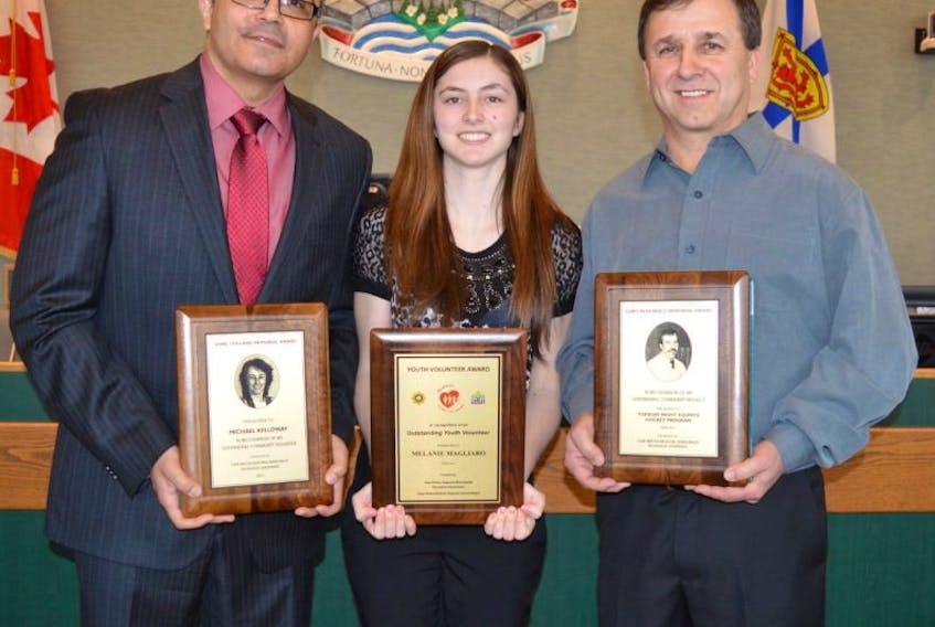 Mike Kelloway, from left, Melanie Magliaro and Glenn Joseph were presented with awards as part of the Cape Breton Regional Municipality’s Volunteer Week during the monthly council meeting Tuesday night. Kelloway of Glace Bay received the Anne Holland Memorial Award for outstanding community volunteer, Sydney teen Magliaro won the CBRM Youth Volunteer Award and Joseph, who is from Sydney, took home the Gary McDonald Memorial Award for outstanding community project.