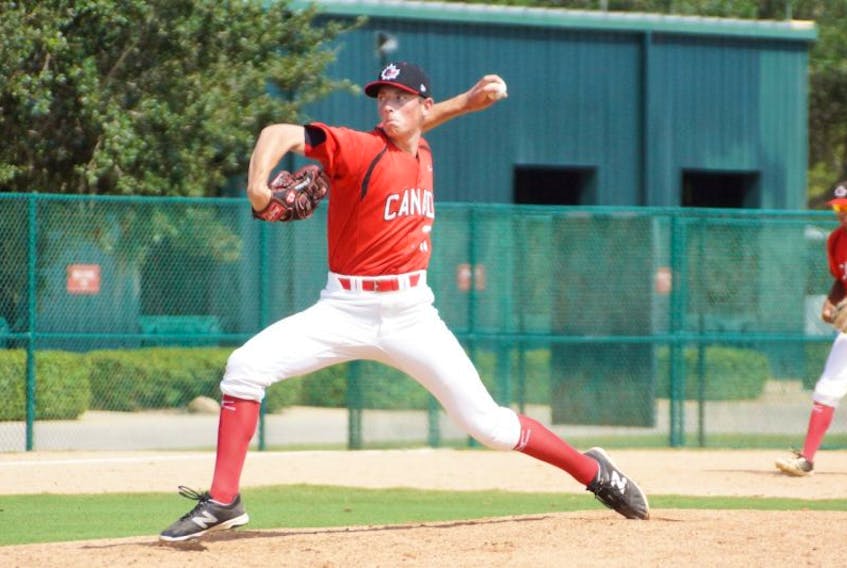 Garrett Nicholson of Sydney Mines, shown pitching with Canada’s national junior team. The 17-year-old southpaw will attend Central Michigan University next year.