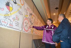 Senator Dan Christmas and Chief Sidney Peters of Glooscap First Nation look over an illustration that stretches across the Membertou Trade and Convention Centre. The very detailed illustration documents all three days of the Truth and Reconciliation Commission Symposium in Membertou.