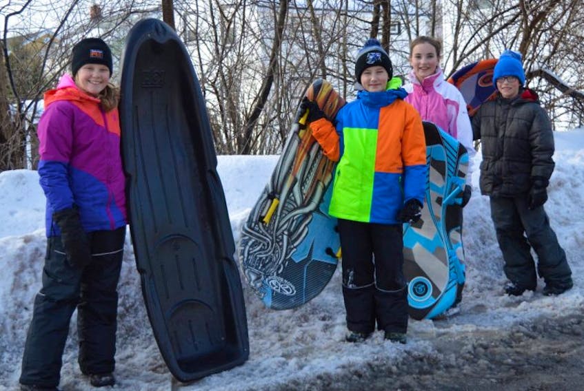 This group of Sydney students have had no trouble finding fun and interesting things to do during the plethora of days off they have enjoyed lately. On Thursday, they grabbed their sleds and headed for the hills. From left, Abbie Price, Nolan Neville, Ella Greencorn and Shane Greencorn.