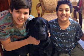 From left, Larry Stevens, 13, left, and his brother Dean Stevens, 12, are shown with T-Bone, the three-year-old Labrador retriever who nearly drowned on Monday morning.