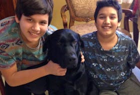 From left, Larry Stevens, 13, left, and his brother Dean Stevens, 12, are shown with T-Bone, the three-year-old Labrador retriever who nearly drowned on Monday morning.