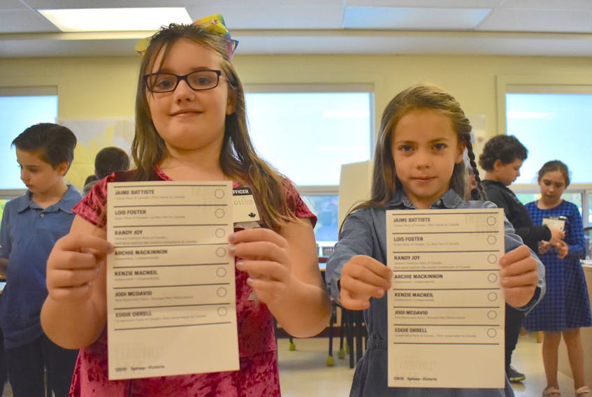 Brookland Elementary School students Evelyn Collins, left, and Bailey MacAskill hold up the ballots that were used during the school’s mock federal election on Thursday. The pair of nine-year-olds served as deputy returning officers for the vote.