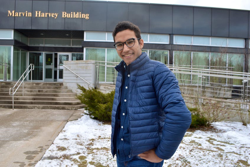 Sharon Montgomery-Dupe/Cape Breton Post
Hossamelden Ahmed Helmy Ali, 23, of Egypt, stands outside the Martin Harvey building at Cape Breton University in Sydney. Ali is studying for his bachelor of business administration degree.