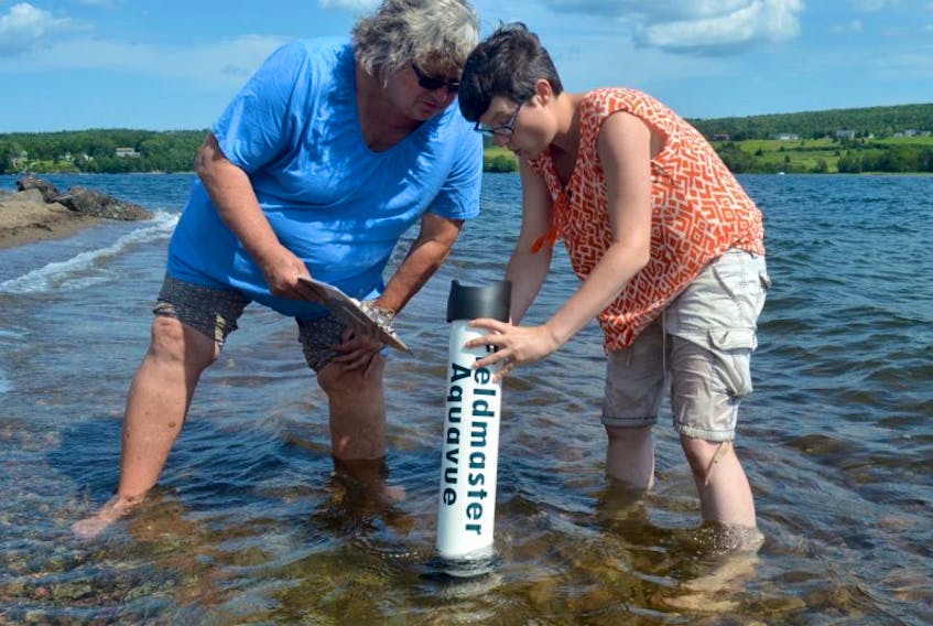 Annamarie Hatcher, left, and Sarah Penney use an underwater viewer to scan the bottom of the Bras d’Or Lake for plants and animals at the East Bay sandbar. The public is encouraged to help collect data on the Bras d’Or ecosystem during the third annual Bras d'Or Watch field day, which takes place Saturday at the three locations — the Lions Club Marina in St. Peter’s, Morris beach in Eskasoni, and the waterfront in Grand Narrows.