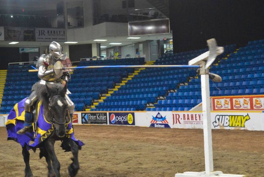 One of the Knights of Valour, 22-year-old Samson Miller from Arizona, is seen hitting a target with his lance at Centre 200 on Wednesday. The Knights of Valour are a travelling extreme jousting organization that will perform Thursday at 7 p.m. at Centre 200.