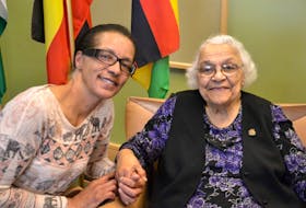 Helena MacNeil, left, said she was thrilled Wednesday to meet Wanda Robson, who gave a presentation on the legacy of Viola Desmond’s Canada at Cape Breton University for African Heritage Month.