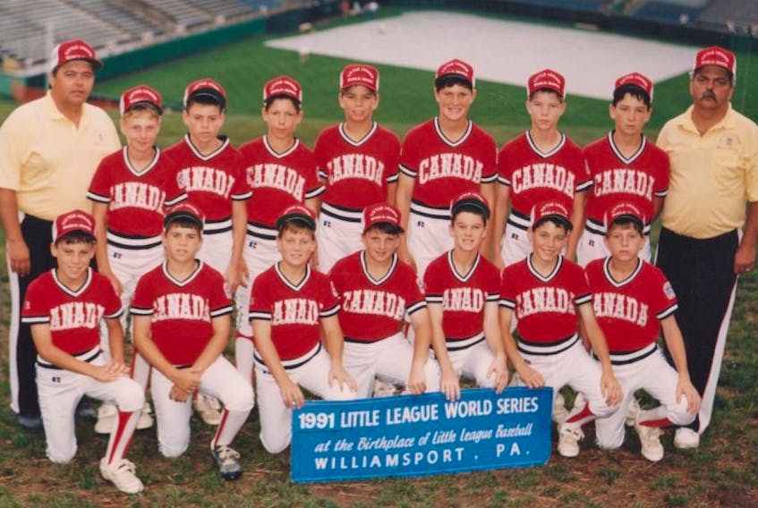 The 1991 Glace Bay Colonels, the Canadian Little League champions. Front row, from left, are Terry Cuzner, Scott Meechan, Roy Mugford, Donnie Burke, Steve McNeil, Troy Sampson and Butch Kelloway. Back row, from left, are manager Henry Boutilier, Robert Grant, Freddie Currie, Chris Cadegan, Charles Nash, Geoff MacLellan, Craig Flemming, Robert Piercy and coach Ernie Pyke.