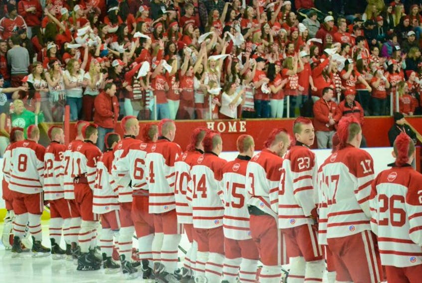 This file photo of the home team Riverview Redmen from the 2014 Red Cup Showcase shows what a big draw high school hockey tournaments have become in Cape Breton. Just one week after this year’s Red Cup was put on ice due to the ongoing teachers dispute, Riverview High School announced Monday that its signature hockey tournament will now take place.