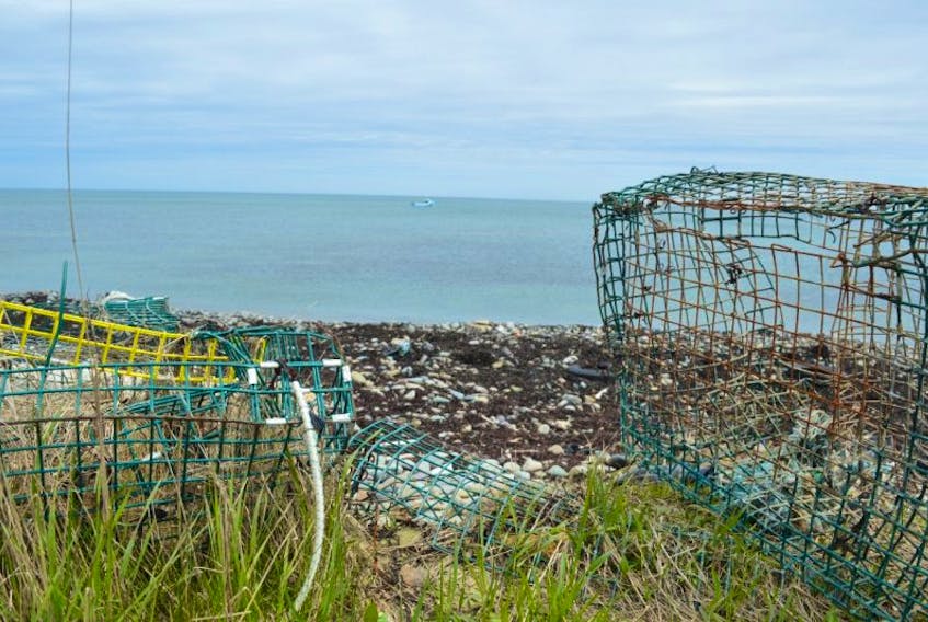 A pair of lobster traps that have washed ashore near Schooner Pond in Donkin are shown. Off in the distance is a lobster boat setting more traps. High winds washed many traps ashore this weekend.